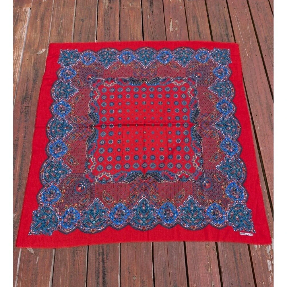 Vintage Paisley Scarf LARGE Norma Dori Red Bandana Print Square Wrap Retro 46